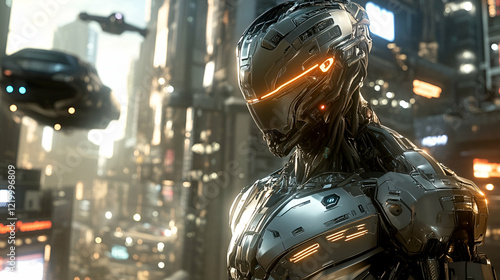 Futuristic cyborg stands in a vibrant, technologically advanced city; flying vehicles blur in the background. photo