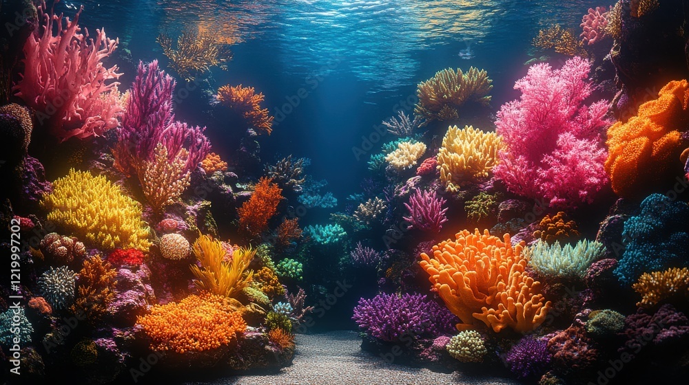 Naklejka premium Serene Hyper-Realistic Underwater Coral Reef Ecosystem with Minimal Noise
