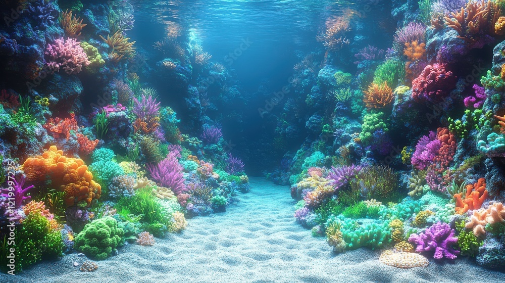 Fototapeta premium Colorful Cartoon Underwater Coral Reef Ecosystem with High Contrast