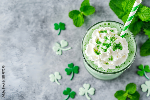 Festive St. Patrick's Day green milkshake with whipped cream and shamrocks. Perfect for holiday celebrations.