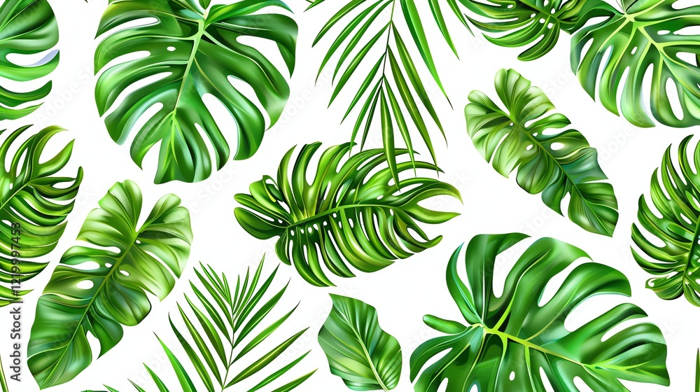A lush and vibrant seamless pattern of tropical leaves in various shades of green against a white background. A lush and vibrant seamless pattern of tropical leaves in various shades of green against a white background.