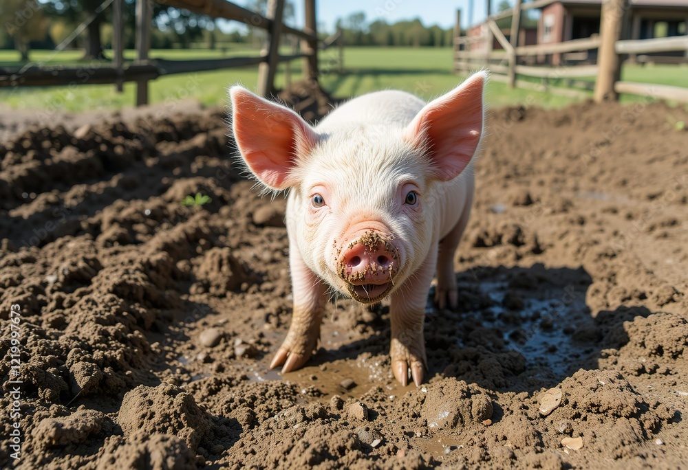 A young pink piglet stands in a muddy puddle on a farm, looking directly at the camera. A young pink piglet stands in a muddy puddle on a farm, looking directly at the camera.