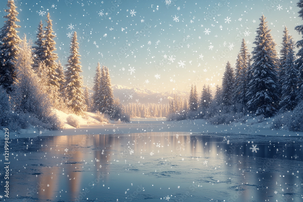 Fototapeta premium A peaceful snowy landscape with gently falling snowflakes, pine trees dusted with snow, and a frozen lake.