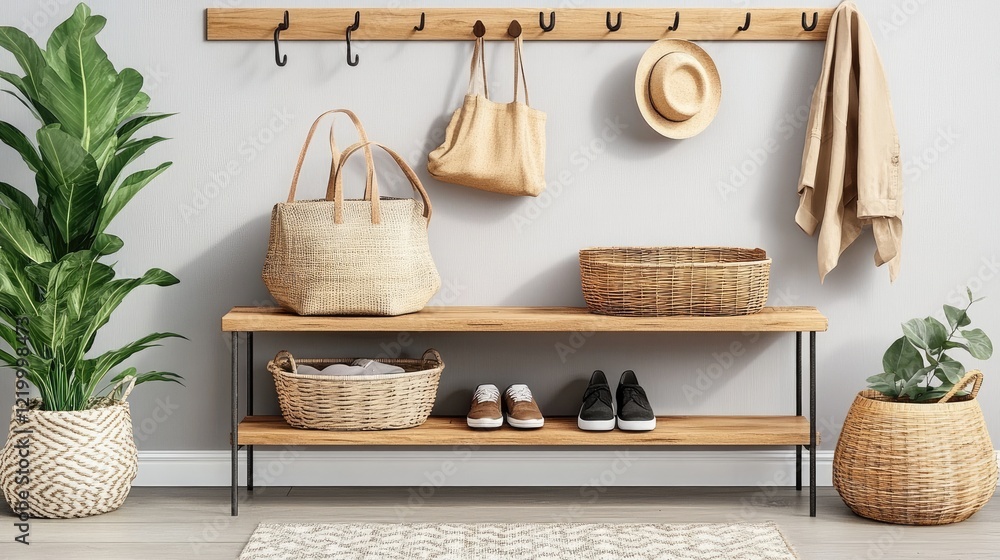 Fototapeta premium A modern entryway with a shoe rack, coat hooks, and decorative baskets.