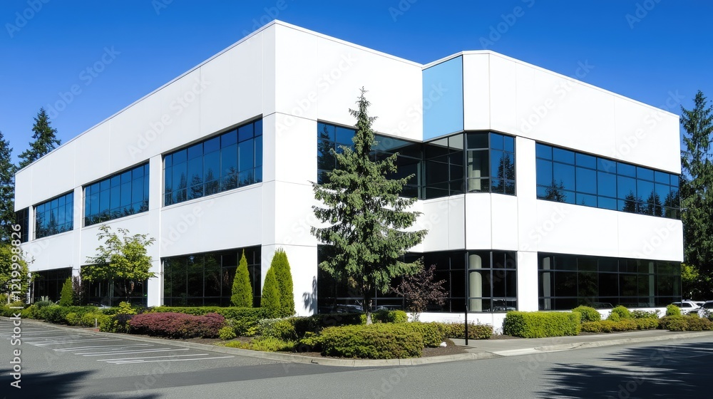 Obraz premium A modern office building with large windows and landscaped surroundings.
