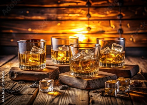 Rustic Whiskey Tasting: Elegant Glasses & Ice Formations - Landscape Photography