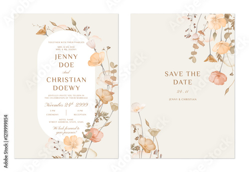 wedding invitation and save the date template set of delicate muted tones of peach, cream, and brown of flowers and foliage on a soft cream background, adding a natural and earthy aesthetic