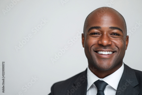 Young, handsome and friendly African American man, in black jacket and shirt, with a smile on his face, happy and confident, on a white background. With space for text