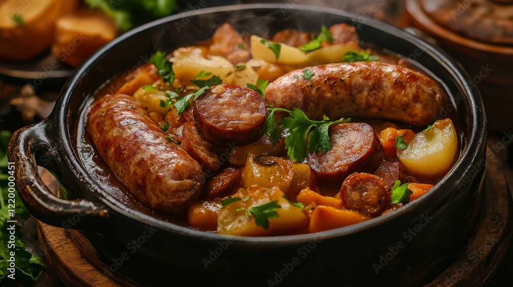 Traditional Dutch stamppot with sausage. Featuring a hearty and comforting dish. Highlighting the texture and flavors of the stamppot. Ideal for food and cultural themes. Traditional Dutch stamppot with sausage. Featuring a hearty and comforting dish. Highlighting the texture and flavors of the stamppot. Ideal for food and cultural themes.