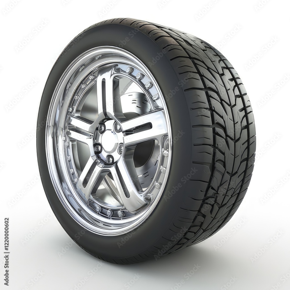 A detailed image of a modern car tire mounted on a stylish alloy wheel. isolated on white background A detailed image of a modern car tire mounted on a stylish alloy wheel. isolated on white background