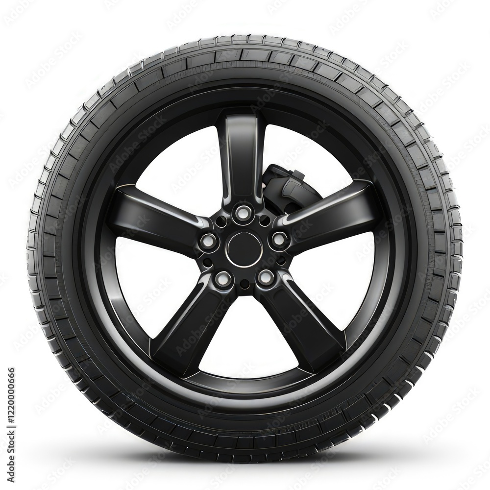 A black alloy wheel with a tire, designed for automotive use. isolated on white background A black alloy wheel with a tire, designed for automotive use. isolated on white background