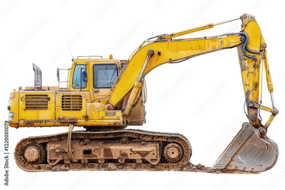 Yellow excavator on tracks, used for construction and earthmoving tasks. isolated on white background Yellow excavator on tracks, used for construction and earthmoving tasks. isolated on white background