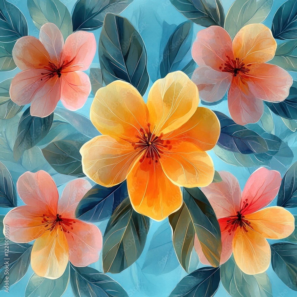 Obraz premium Vibrant Floral Pattern Watercolor with Pink Green Leaves and Turquoise Background