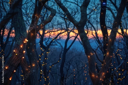 Wallpaper Mural Twilight sky. Bio-led lights twinkle on bare forest branches. Nature and technology blend in a serene evening scene. Warm glow against cool blues. Torontodigital.ca