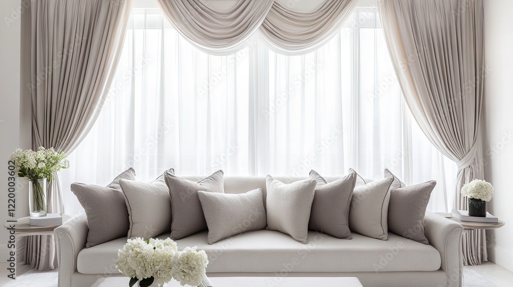 Luxurious drapes paired with matching throw pillows in a neutral-toned room. Luxurious drapes paired with matching throw pillows in a neutral-toned room.