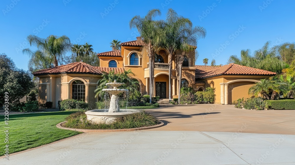 Luxury mansion with a grand entrance, fountain, and landscaped driveway. Luxury mansion with a grand entrance, fountain, and landscaped driveway.