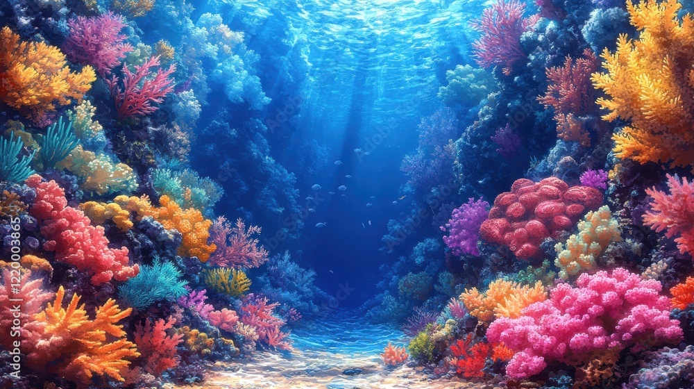 Naklejka premium Colorful Cartoon Underwater Coral Reef Ecosystem with Smooth Gradients