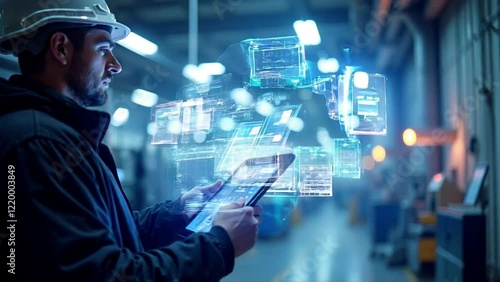 Industrial worker using tablet with augmented reality interface in factory.