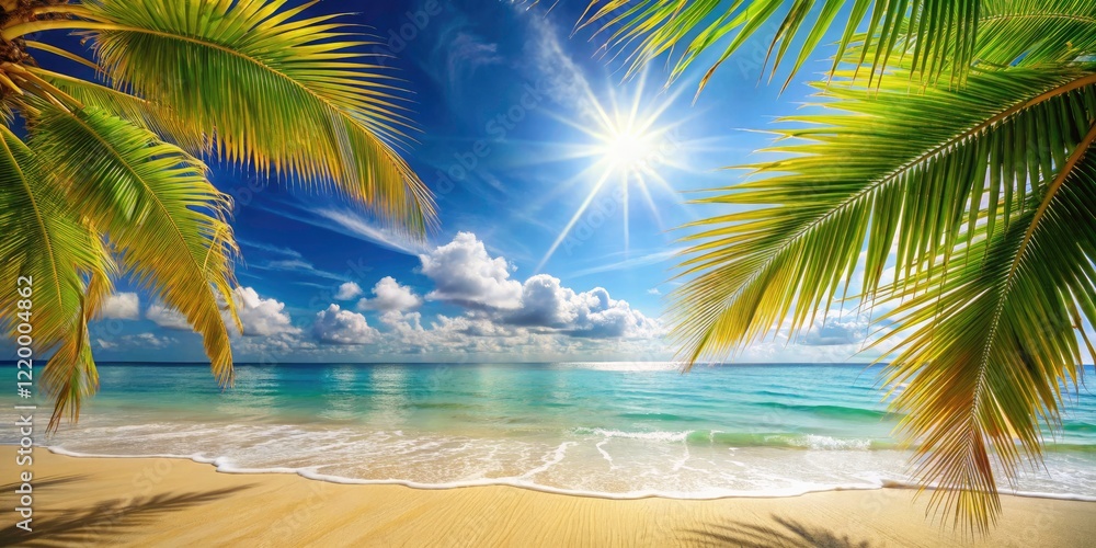 Obraz premium Summer Tropics Fashion Photography with Golden Beach, Sun Rays, and Palm Leaves - Vacation Vibes, Tropical Paradise, Relaxation, Nature, Scenic Beauty, and Copy Space for Creative Use