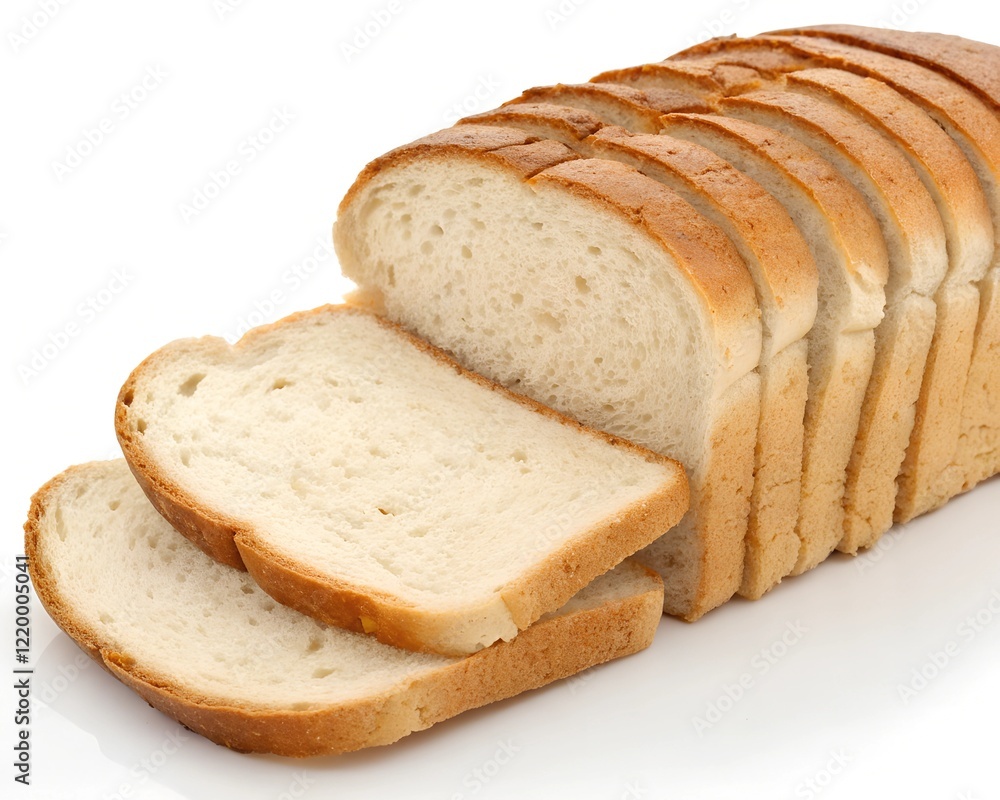 Sliced loaf of white bread isolated on white background.
Sliced loaf of white bread isolated on white background.