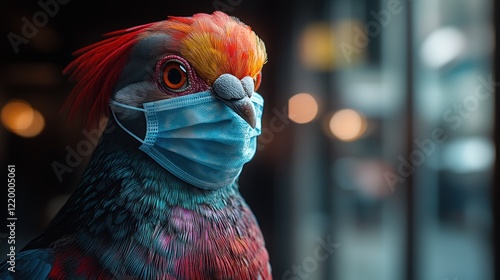 Close-up Portrait of a Pigeon Wearing a Surgical Mask in Soft Natural Light with Intricate Feather Details photo