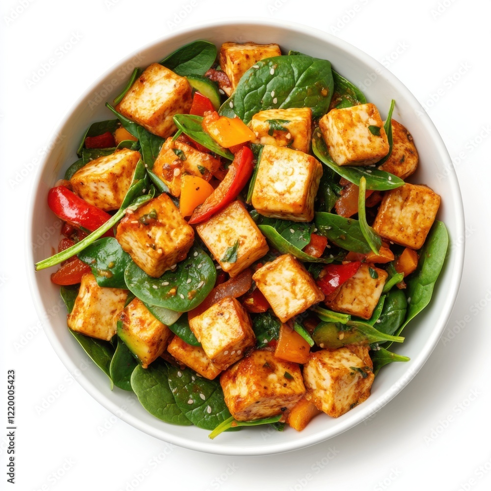 Seasoned tofu crumbles sauted with colorful veggies Seasoned tofu crumbles sauted with colorful veggies