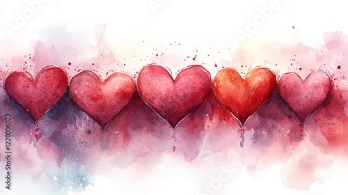 Romantic seamless watercolor border with red hearts for valentine's day design