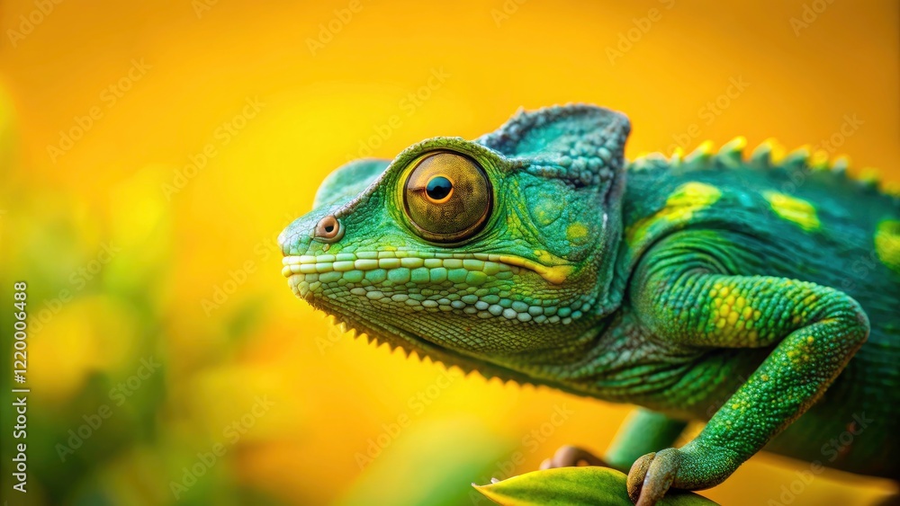 Fototapeta premium Tilt-Shift Chameleon Photography: Miniature Green Lizard on Yellow Background