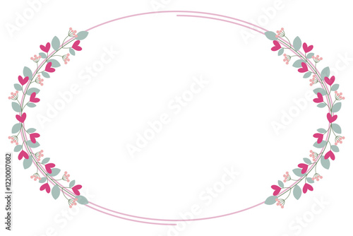 Oval Circle Borders Frame Or Wreath With Leaves And Love Pink Flowers
