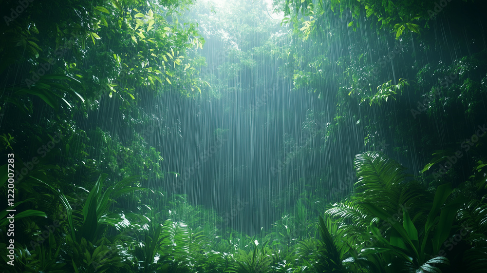 Naklejka premium Lush Rainforest Scene With Heavy Rainfall