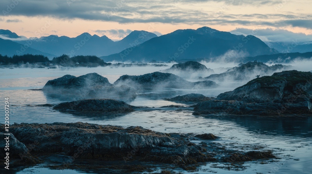 Fototapeta premium Misty Dawn Over Tranquil Archipelago with Silhouetted Mountains
