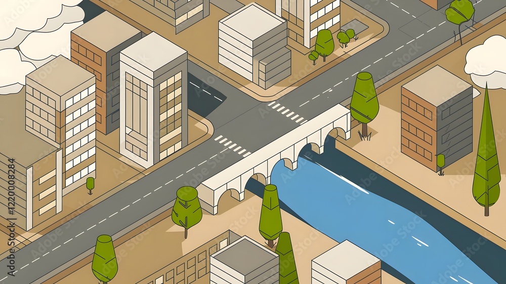 A flat isometric illustration of a city with grain noise. A flat isometric illustration of a city with grain noise.