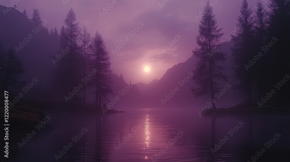 Fototapeta premium Serene Sunrise in Hyper-Realistic Majestic Mountain Range with Minimal Noise