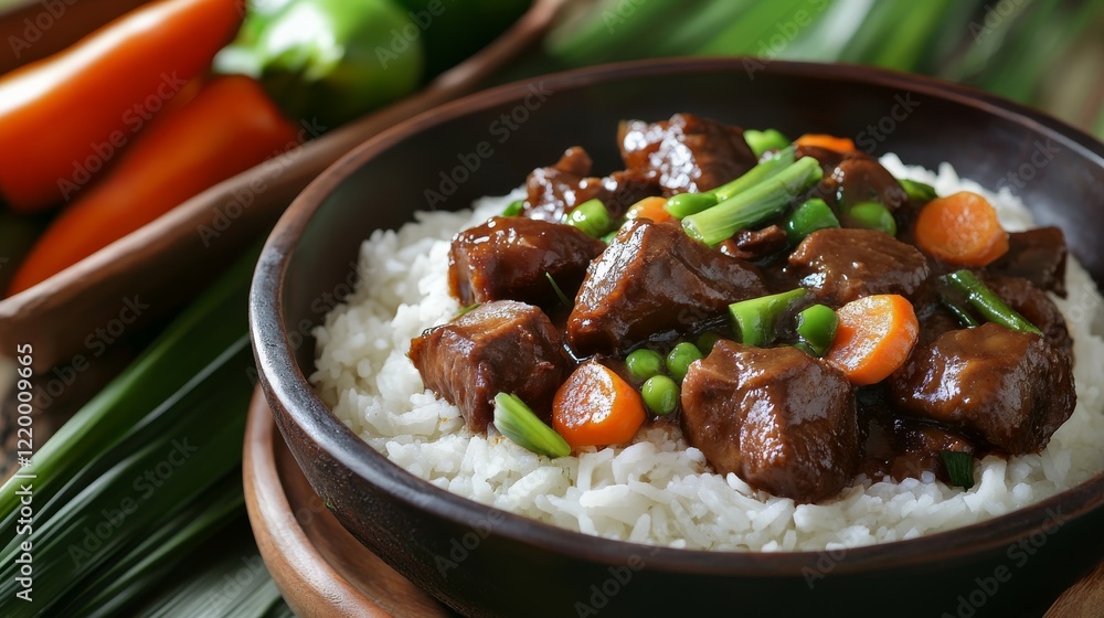 Traditional Filipino adobo with rice and vegetables. Featuring a savory and tangy dish. Highlighting the texture and flavors of the adobo and vegetables. Ideal for food and cultural themes. Traditional Filipino adobo with rice and vegetables. Featuring a savory and tangy dish. Highlighting the texture and flavors of the adobo and vegetables. Ideal for food and cultural themes.
