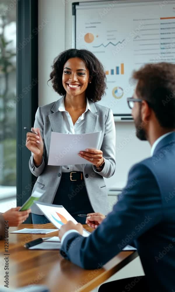 Businesswoman presenting a report to colleagues in a modern office. Businesswoman presenting a report to colleagues in a modern office.