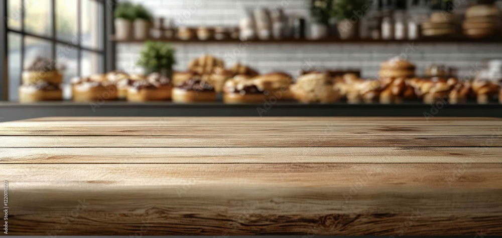 Wooden Tabletop in Bakery with Blurred Baked Goods Background Soft Lighting Interior Design Wooden Tabletop in Bakery with Blurred Baked Goods Background Soft Lighting Interior Design