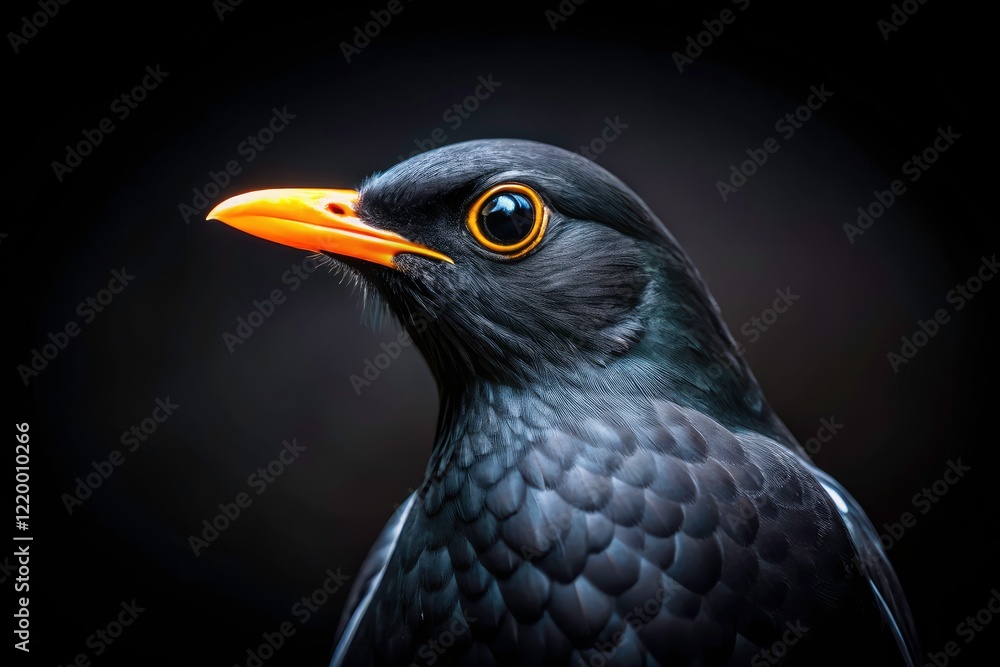 Minimalist Black Bird Portrait: Dark Background, White Wing Highlights, Detailed Avian Photography Minimalist Black Bird Portrait: Dark Background, White Wing Highlights, Detailed Avian Photography