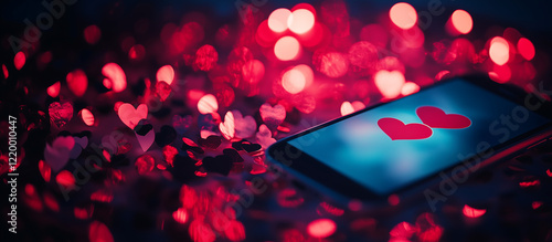 A smartphone displaying hearts surrounded by soft, glowing light in vibrant hues. photo