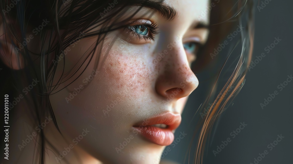 Fototapeta premium A digital painting of a woman looking to the side with a thoughtful expression.
