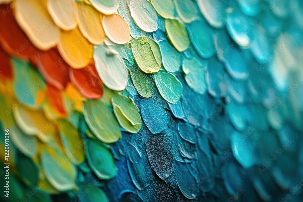 Fototapeta premium A close-up of textured paint in vibrant colors, resembling scales or abstract patterns.