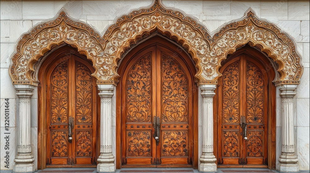 Obraz premium Ornate wooden doors, mosque entrance, city, architectural detail, travel