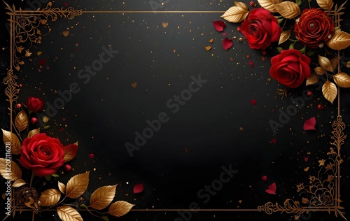 Elegant black and gold background with luxurious red roses and golden leaves, perfect for invitations, celebrations, or romantic-themed designs