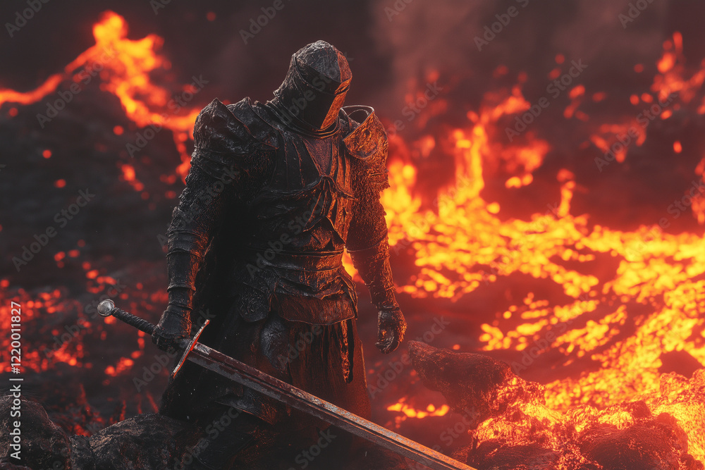 Fototapeta premium A heroic figure stands amidst a dramatic scene illuminated by fiery light, exuding strength, determination, and bravery.