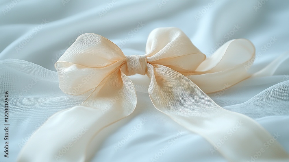 Peach ribbon bow on white fabric, elegant backdrop, gift packaging Peach ribbon bow on white fabric, elegant backdrop, gift packaging