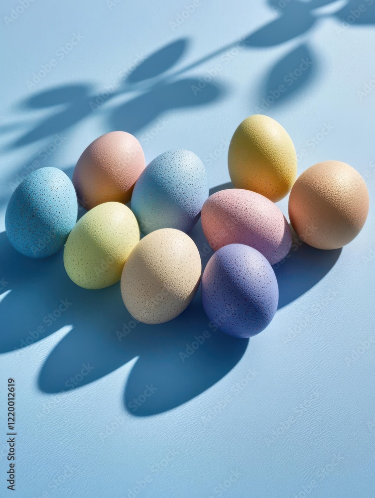 A collection of pastel-colored eggs arranged on a light blue surface, casting soft shadows. A collection of pastel-colored eggs arranged on a light blue surface, casting soft shadows.
