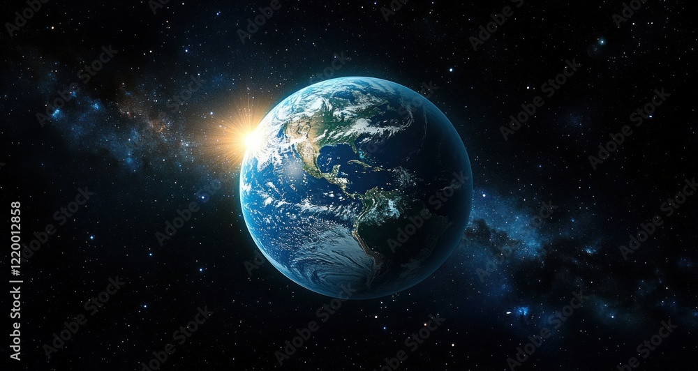Earth from Space with Dramatic Lighting and Bright Sunflare on Dark Starry Background for Astronomy Exploration Earth from Space with Dramatic Lighting and Bright Sunflare on Dark Starry Background for Astronomy Exploration