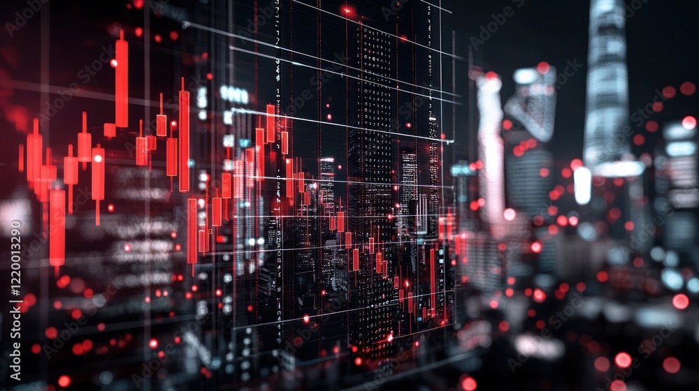 Fototapeta premium A digital stock market chart with red fluctuations set against a blurred city skyline, emphasizing financial trends and data analysis.