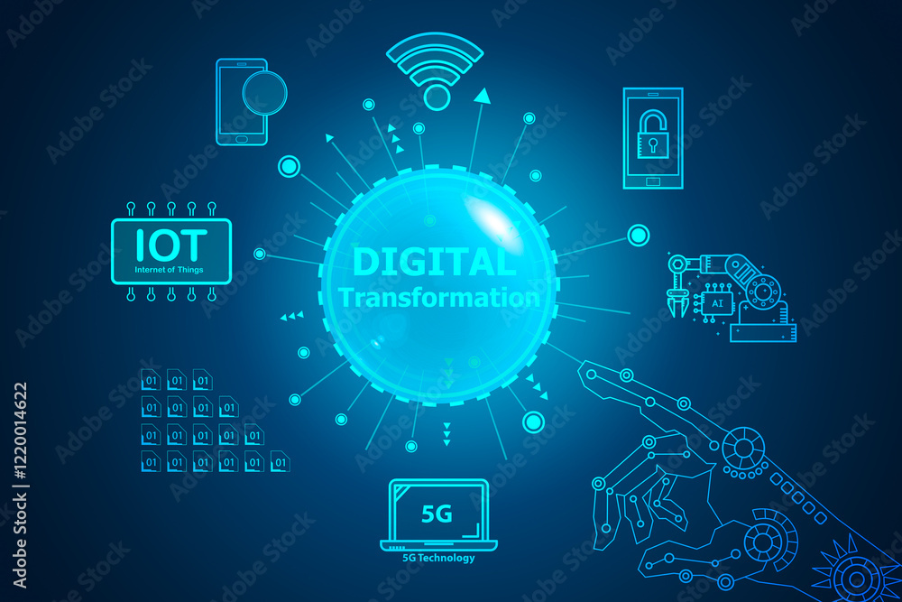 Digital Transformation on circle and related icons such as Internet of Things on blue background. Digital Transformation on circle and related icons such as Internet of Things on blue background.