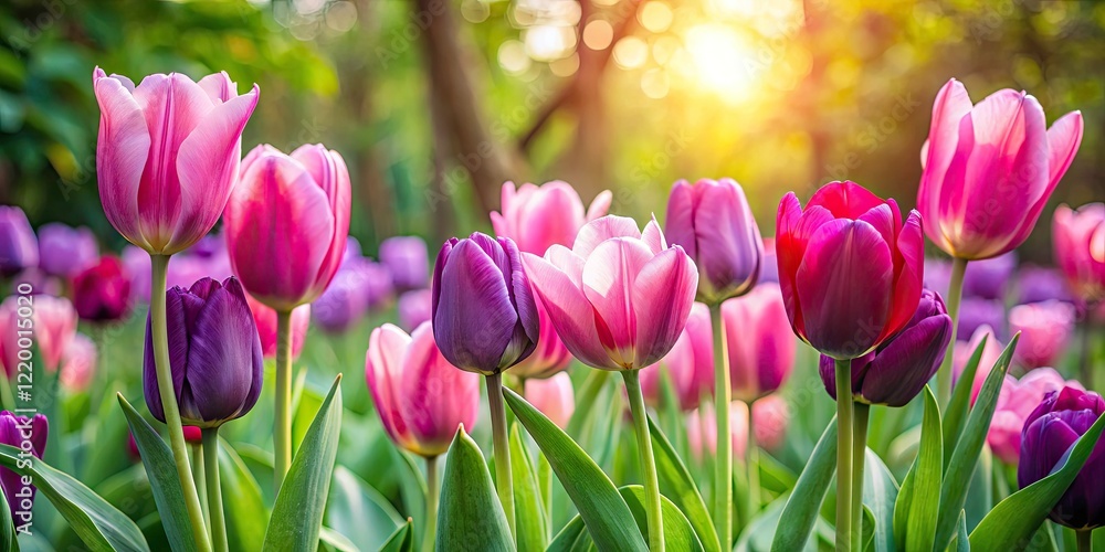 Fototapeta premium Pink & Violet Tulip Field Photography: Spring Flowers, Blooming Tulips, Outdoor Garden, Floral Images, Nature Photography