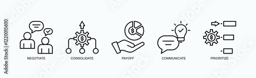 Debt To Done Icon Set Isolated Vector With Icon Of Negotiate, Consolidate, Payoff, Communicate, Prioritize In Outline Style